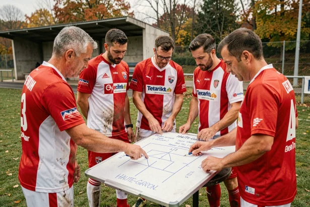 Joueurs amateurs de football du district 31 Haute-Garonne réunis autour d'un tableau tactique en bord de terrain