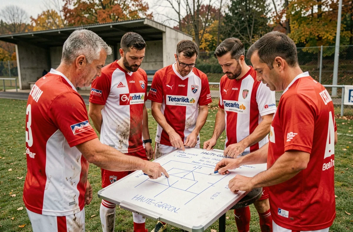 Joueurs amateurs de football du district 31 Haute-Garonne réunis autour d'un tableau tactique en bord de terrain