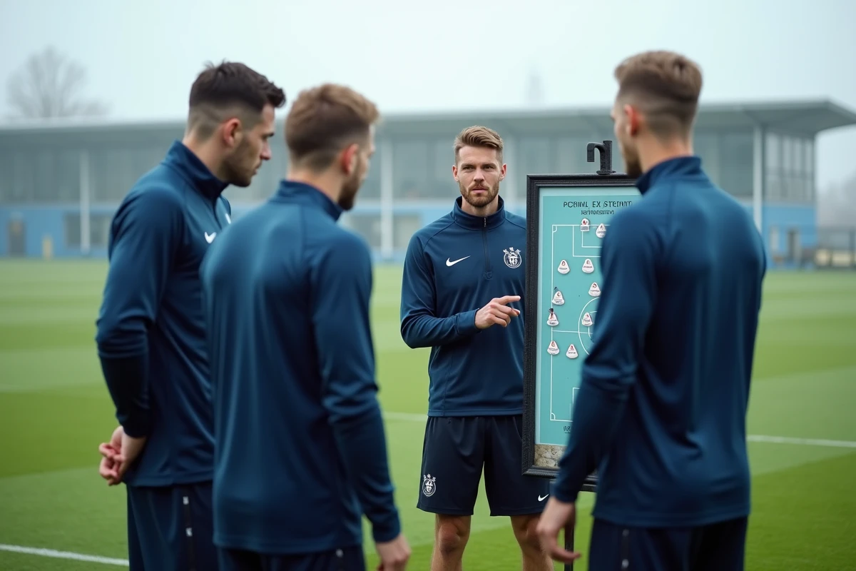 Joueurs de l'Inter Milan étudiant les schémas tactiques autour d'un tableau de formation à l'entraînement