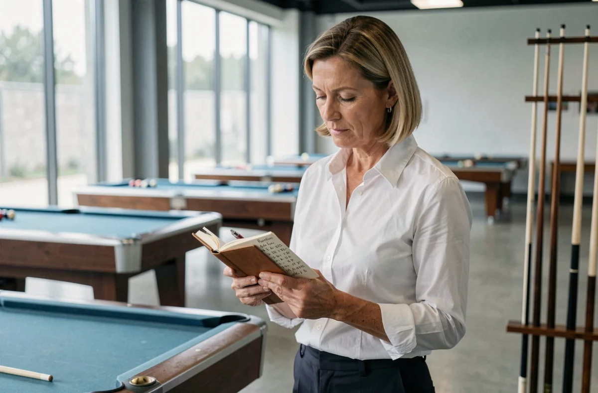 Joueuse de billard consultant ses notes de calcul de rotation en degrés debout près d'une table de billard trois bandes dans une académie moderne