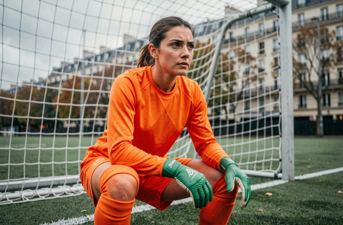 Joueuse de football en tenue de gardienne de but devant un filet sur un terrain extérieur à Paris