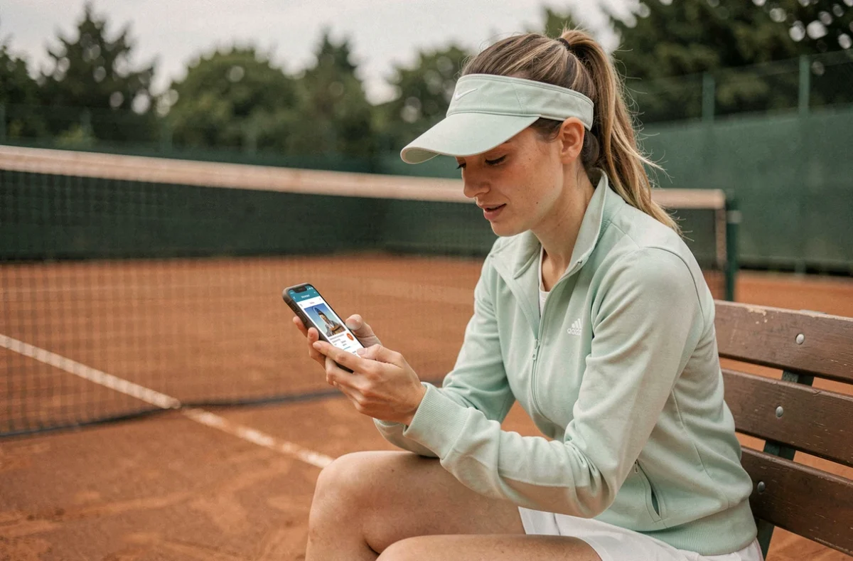 Joueuse de tennis assise sur un banc de court en terre battue consultant des codes de jeu sur son smartphone