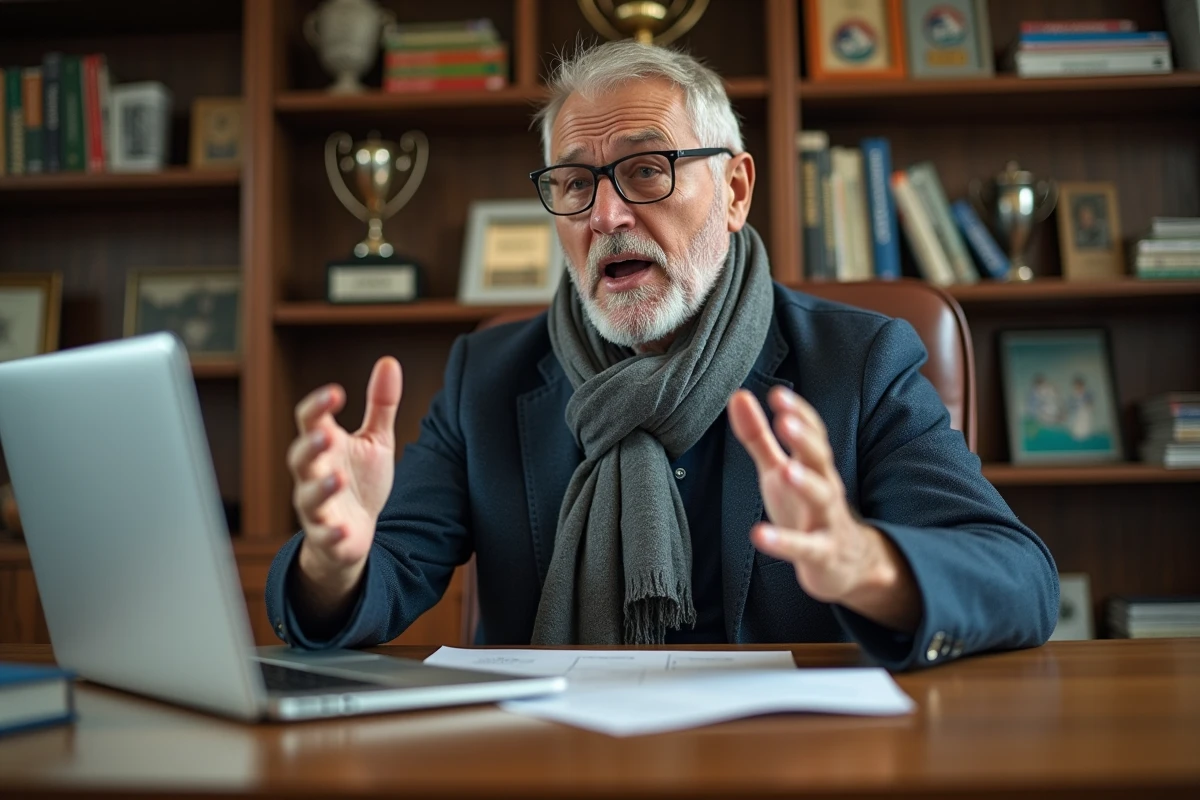 Journaliste sportif gesticulant devant un ordinateur