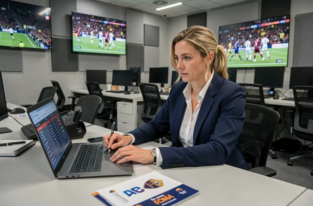 Journaliste sportive française couvrant l'actualité de l'AS Roma dans une salle de presse professionnelle