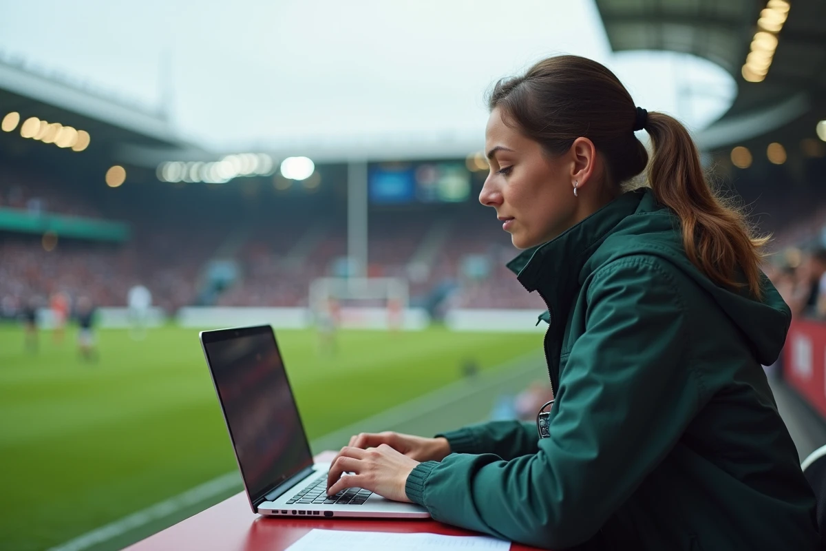 Jeune journaliste sportive tapant sur son ordinateur pendant le match