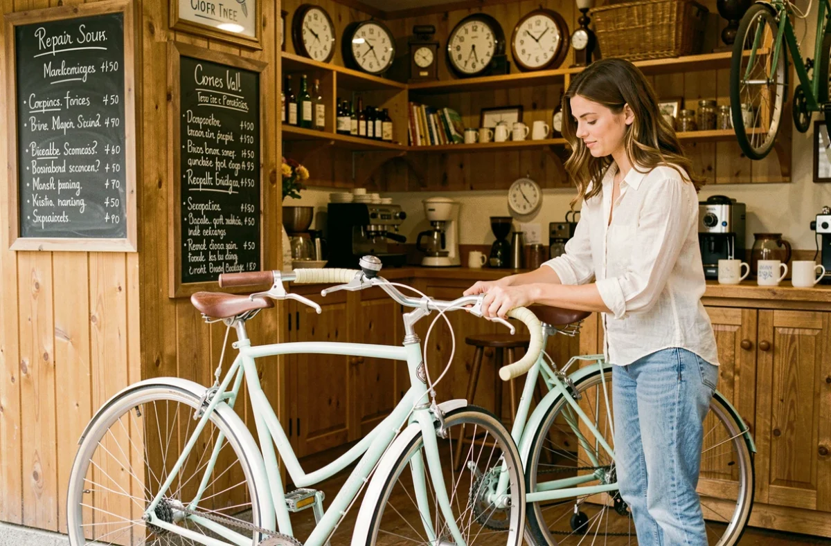 Assistante ajustant le cintre d'un vélo pastel dans la boutique La Chouette, ambiance artisanale parisienne