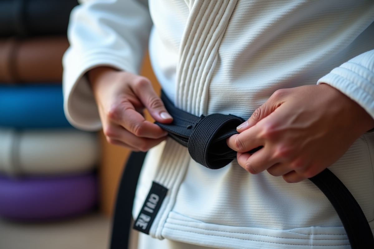 Faisceau de mains nouant une ceinture de Brazilian jiujitsu sur un gi blanc