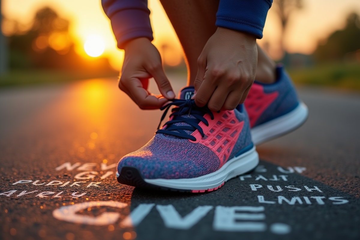 Foulée de coureur attachant ses lacets au lever du soleil