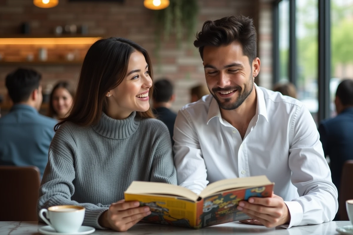 Deux lecteurs comparant des volumes de manga Blue Lock dans un café moderne, analysant la qualité de traduction française