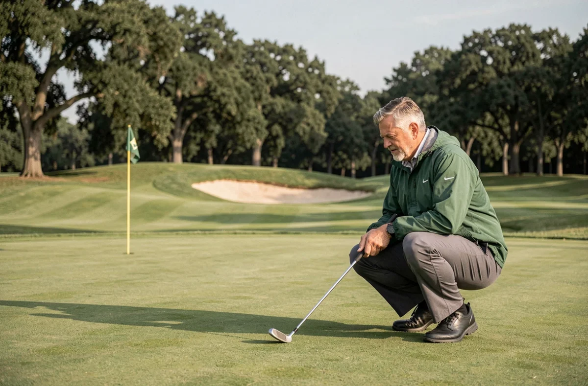 Golfeur expérimenté en train de lire la pente du green avant un putt sur un parcours de golf 18 trous