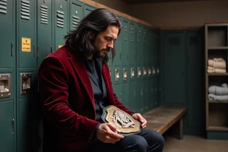 Lutteur en velours avec ceinture de champion dans vestiaire