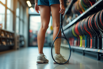 Personne dans un magasin de sport tenant une raquette de tennis