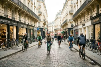 Vue de rue parisienne animée avec cyclistes et devantures de magasins de vélos en Île-de-France