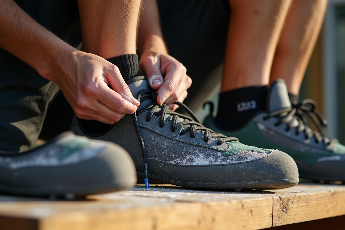 Mains en chalks nouant des chaussons d