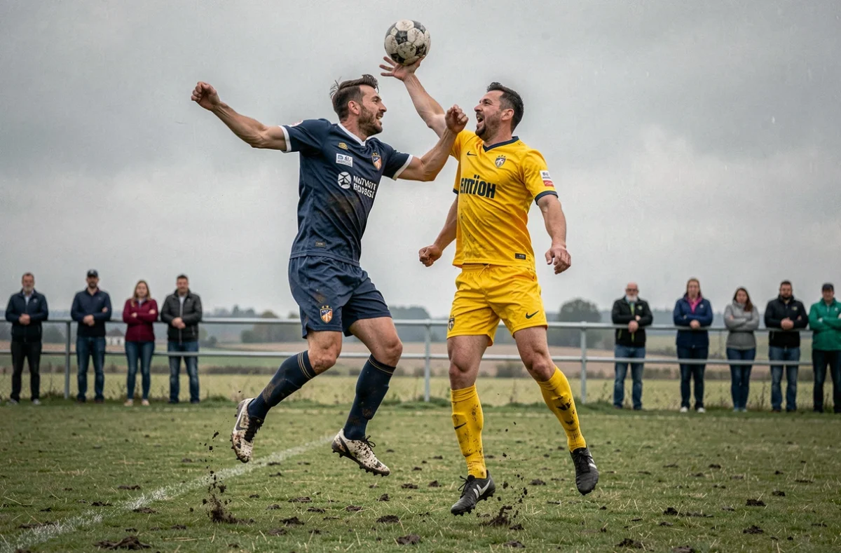 Duel aérien entre deux joueurs lors d'un match du championnat du district 31 de football en Haute-Garonne