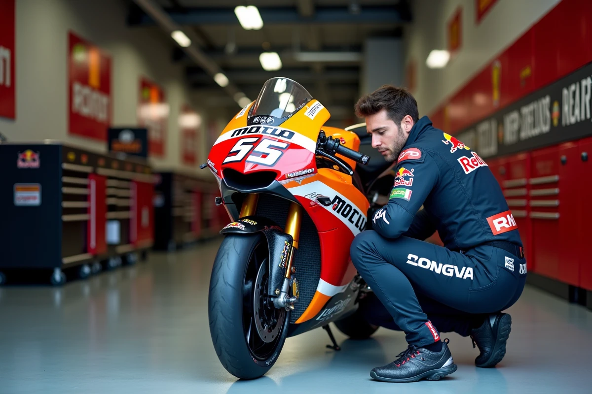 Mécanicien MotoGP inspectant une moto de course dans un garage de paddock avant une course 2026