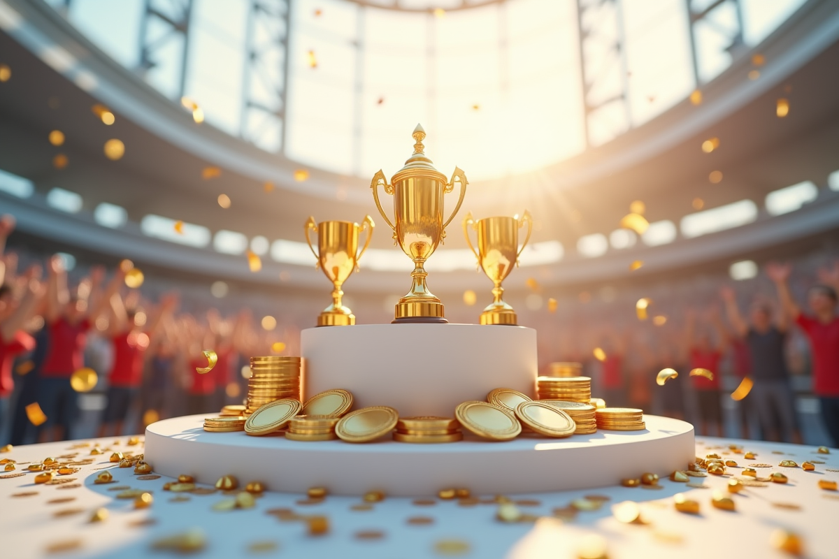 Médailles et trophées sur un podium lumineux avec foule en arrière-plan