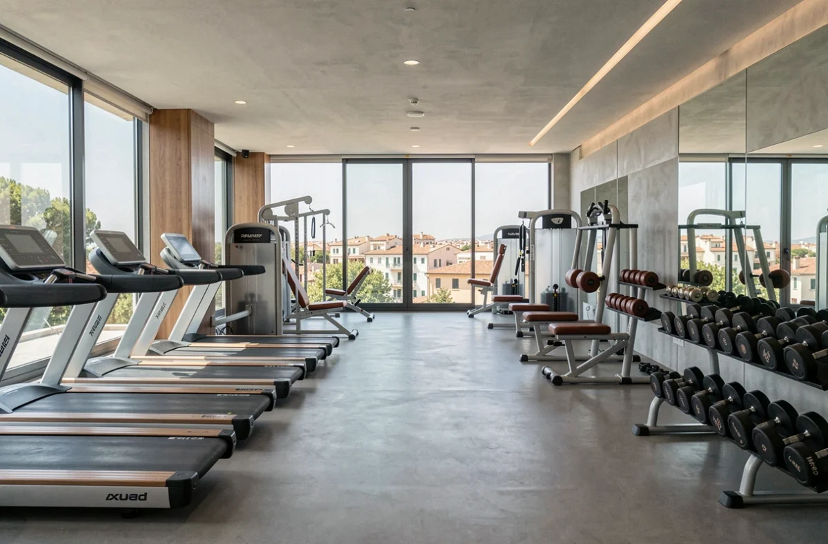 Vue panoramique d'une salle de sport moderne en Provence-Alpes-Côte d'Azur avec équipements fitness et paysage méditerranéen
