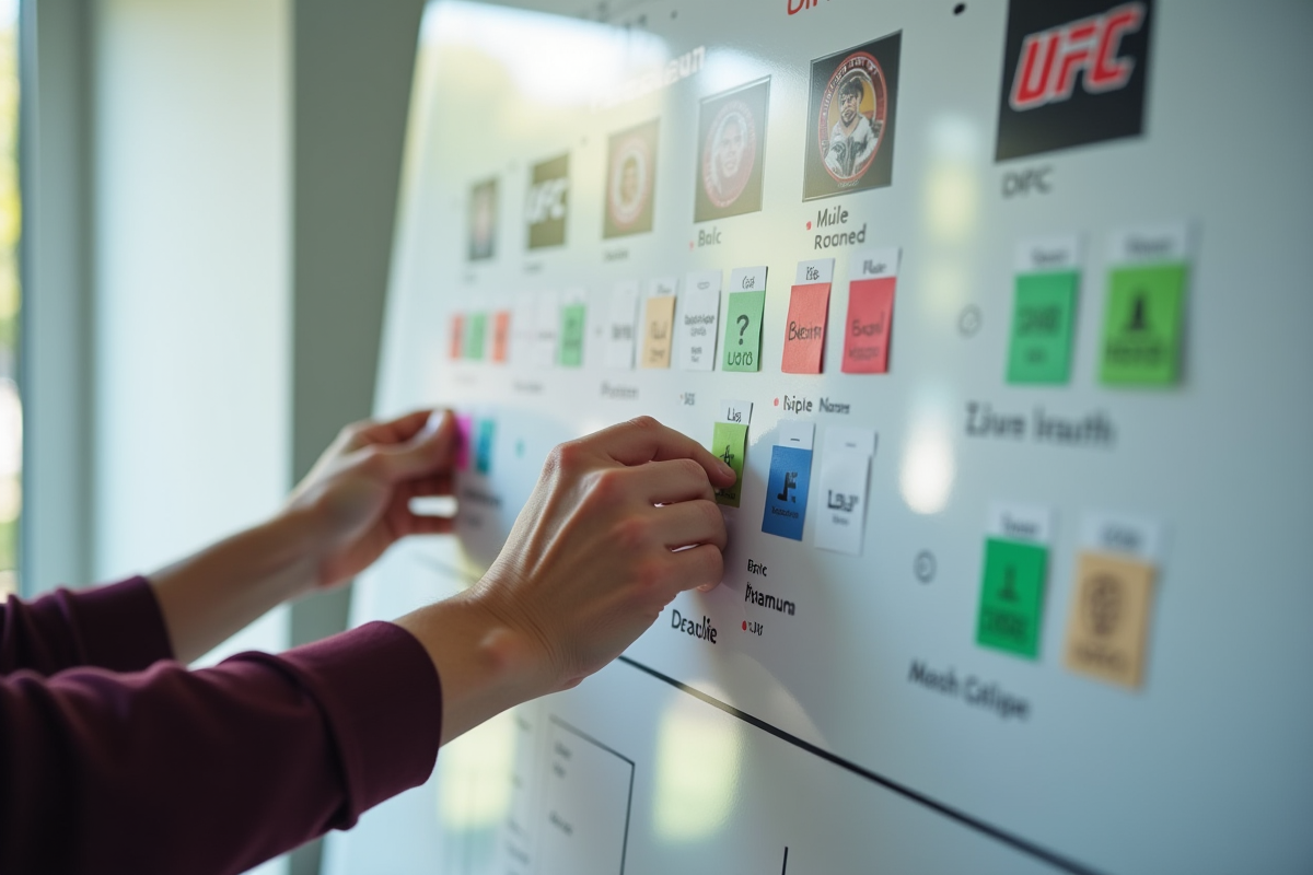 Mains plaçant des cartes de classement UFC sur un tableau blanc