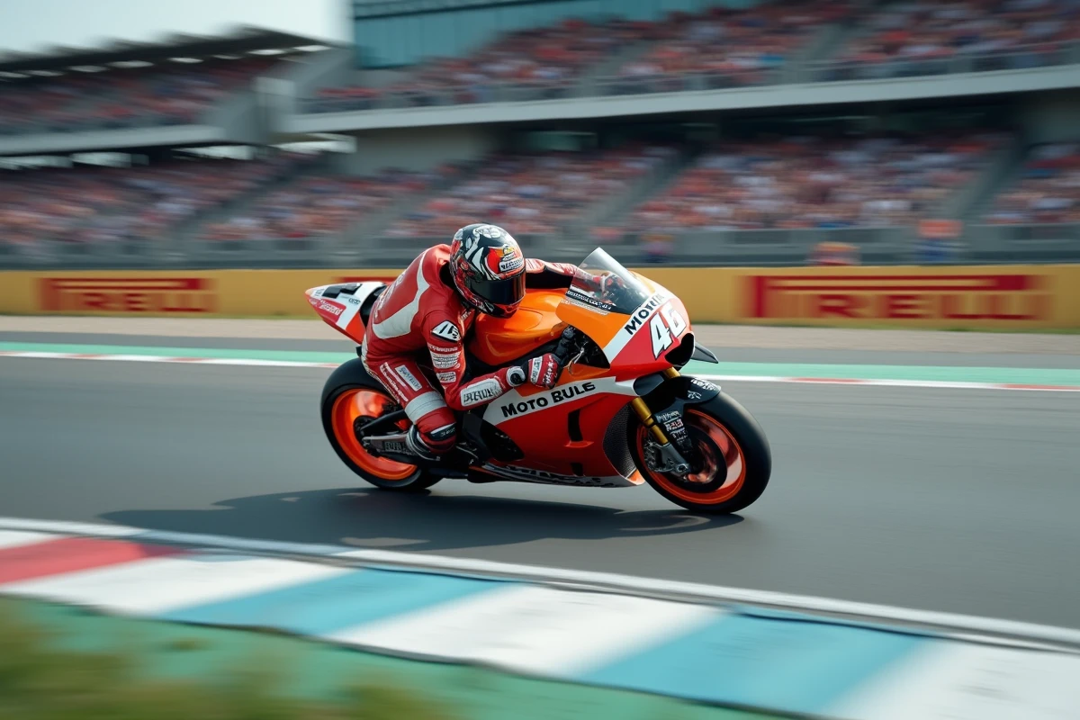 Moto MotoGP en pleine vitesse dans un virage lors d'une course sur circuit en 2026