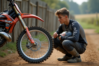 Jeune homme motocross examinant une roue arrière