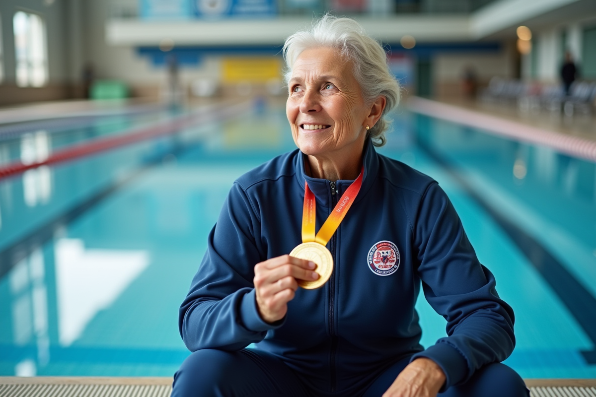 Nageuse plus âgée tenant sa médaille au bord du bassin