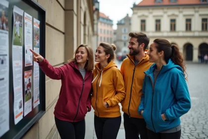Groupe de nouveaux arrivants découvrant les clubs de sport locaux à Amiens via des affiches communautaires