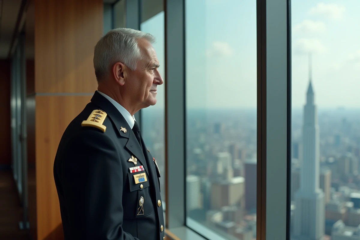 Officier militaire en uniforme décoré regardant par la fenêtre