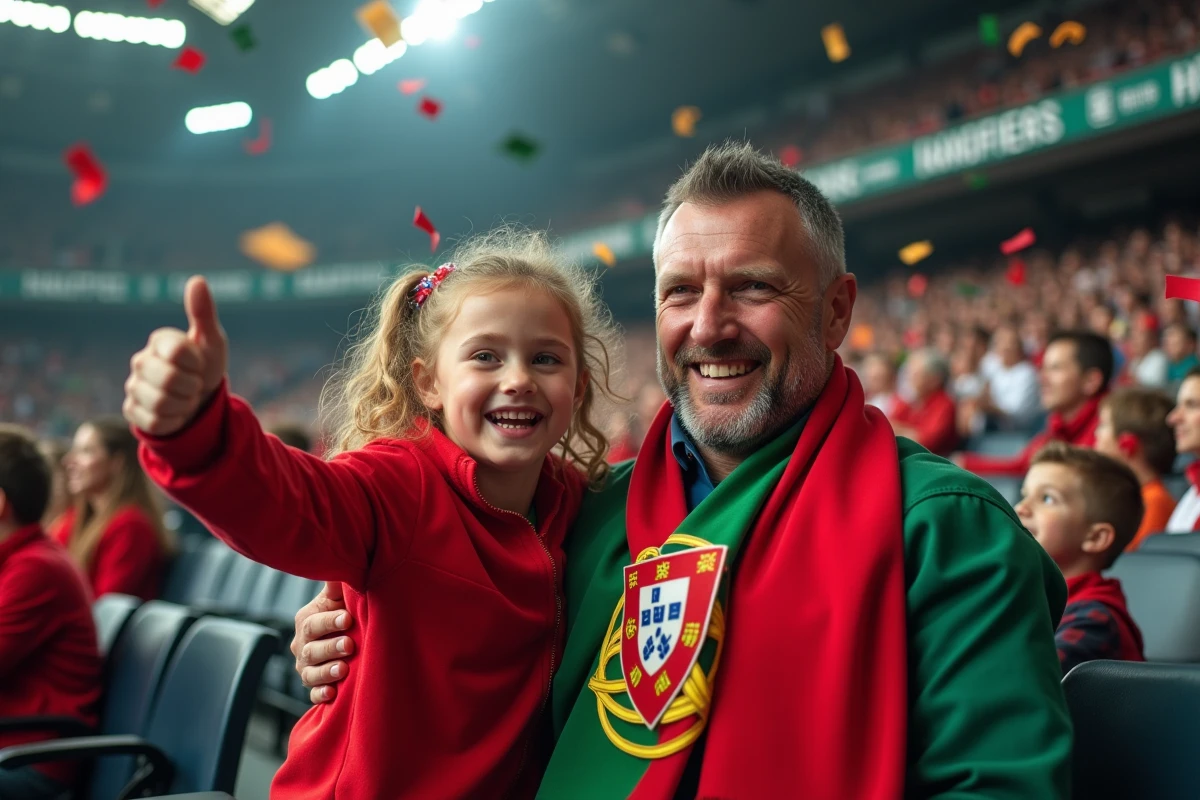 Père et fille portugais souriants après une victoire de handball en intérieur