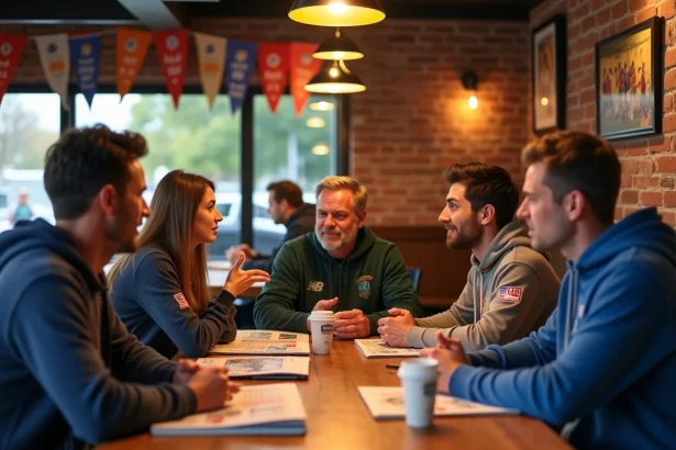Groupe de passionnés de sport débattant autour d'une table dans un bar sportif convivial, ambiance animée et authentique