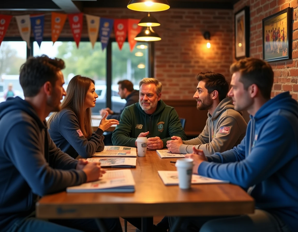 Groupe de passionnés de sport débattant autour d'une table dans un bar sportif convivial, ambiance animée et authentique