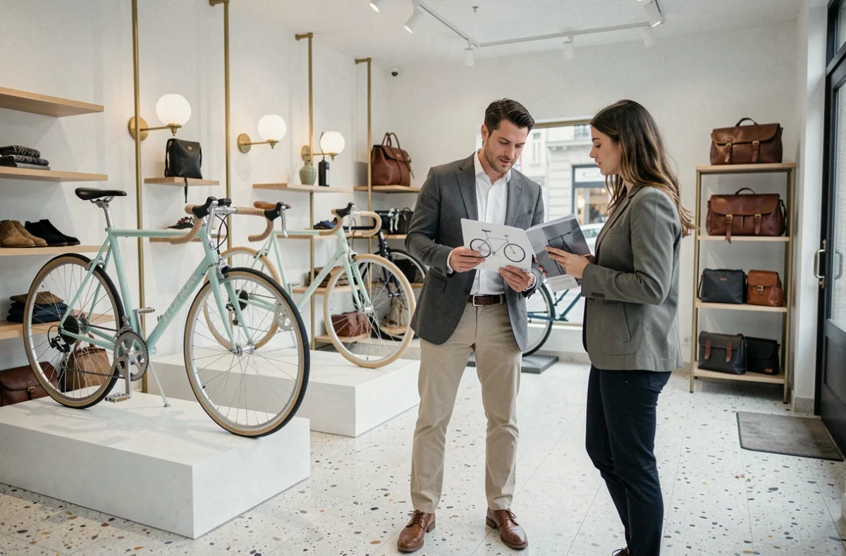 Associé présentant un vélo au design élégant à une cliente dans la boutique Pastel à Paris