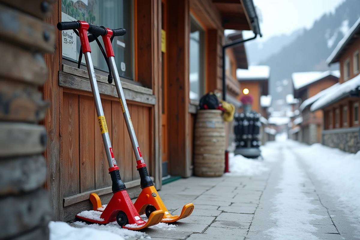Deux patinettes ski colorées appuyées contre un chalet de location d'équipement en station de ski