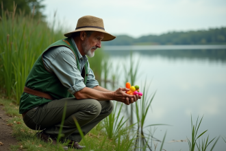 Homme d'âge moyen avec gilet de pêche et chapeau flottant au bord du lac