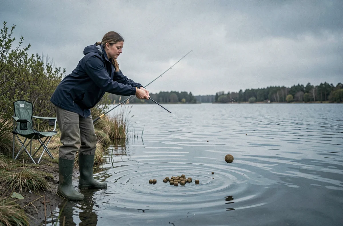 Pêcheuse lançant une boule d'amorce dans un lac lors d'une séance de pêche au coup