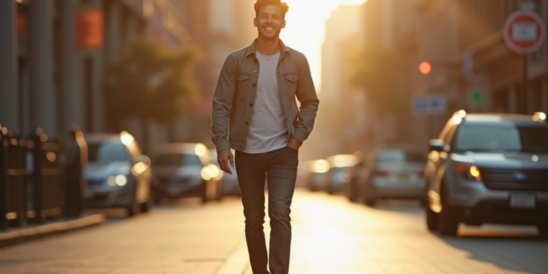 Personne souriante marchant dans la ville au matin