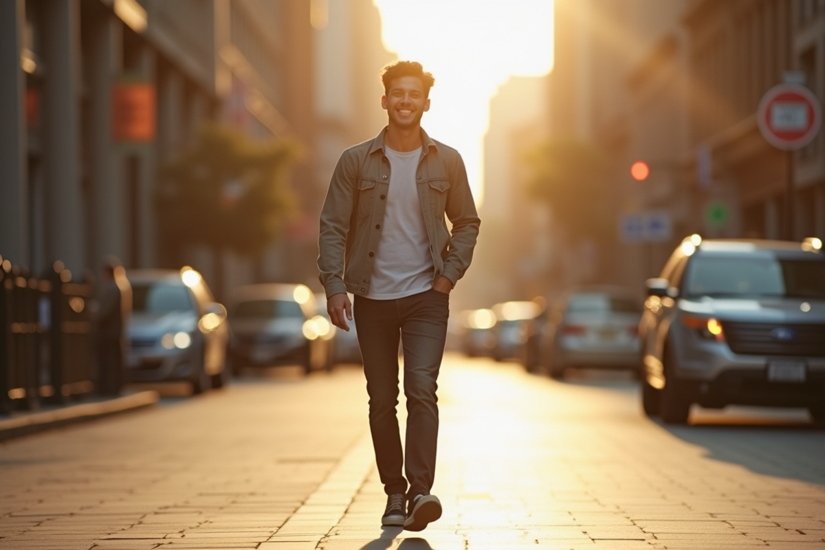 Personne souriante marchant dans la ville au matin