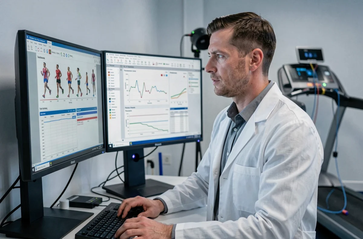 Physiologiste du sport analysant des données biomécaniques sur écran dans un laboratoire de performance sportive