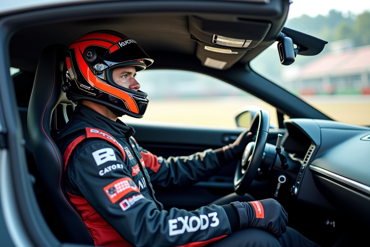 Pilote de course dans l habitacle d une voiture de sport moderne en extérieur