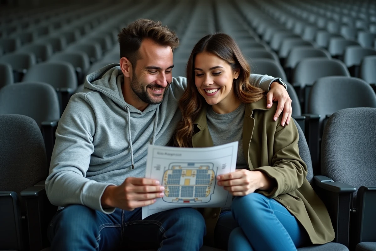 Couple consultant un plan de salle pour choisir leurs places à la Bercy Arena avant un concert