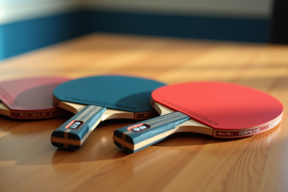 Vue rapprochee de raquettes de tennis de table aux surfaces colorées