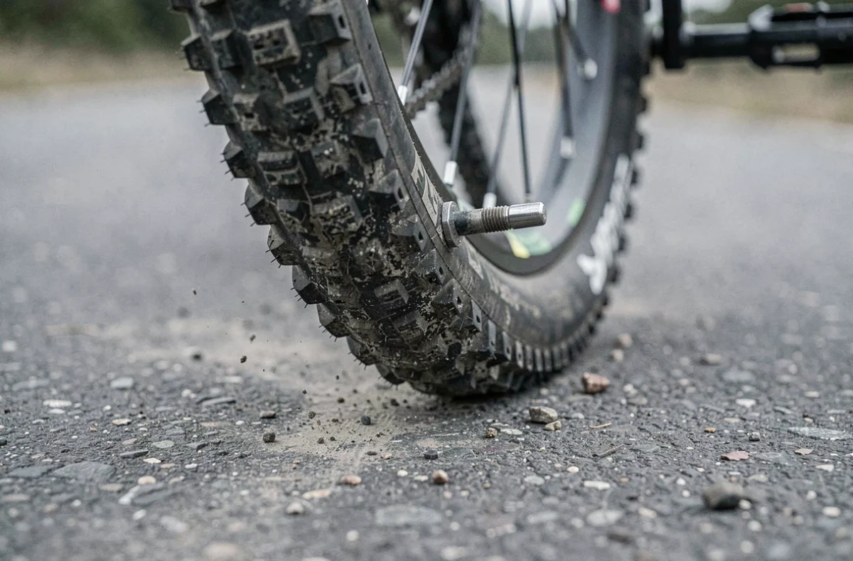 Gros plan sur un pneu de VTT en contact avec l'asphalte montrant la déformation de la gomme et la valve de gonflage