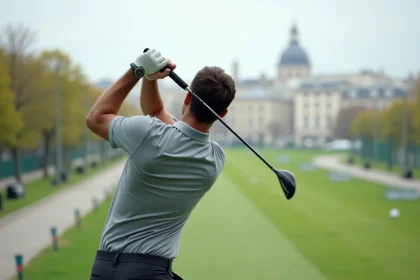 Homme pratiquant son swing de golf sur un practice aux portes de Paris avec vue sur les toits parisiens en arrière-plan