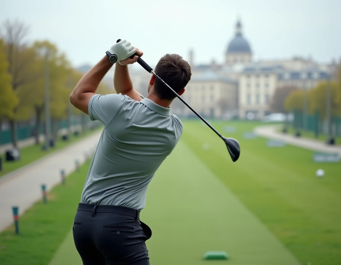 Homme pratiquant son swing de golf sur un practice aux portes de Paris avec vue sur les toits parisiens en arrière-plan