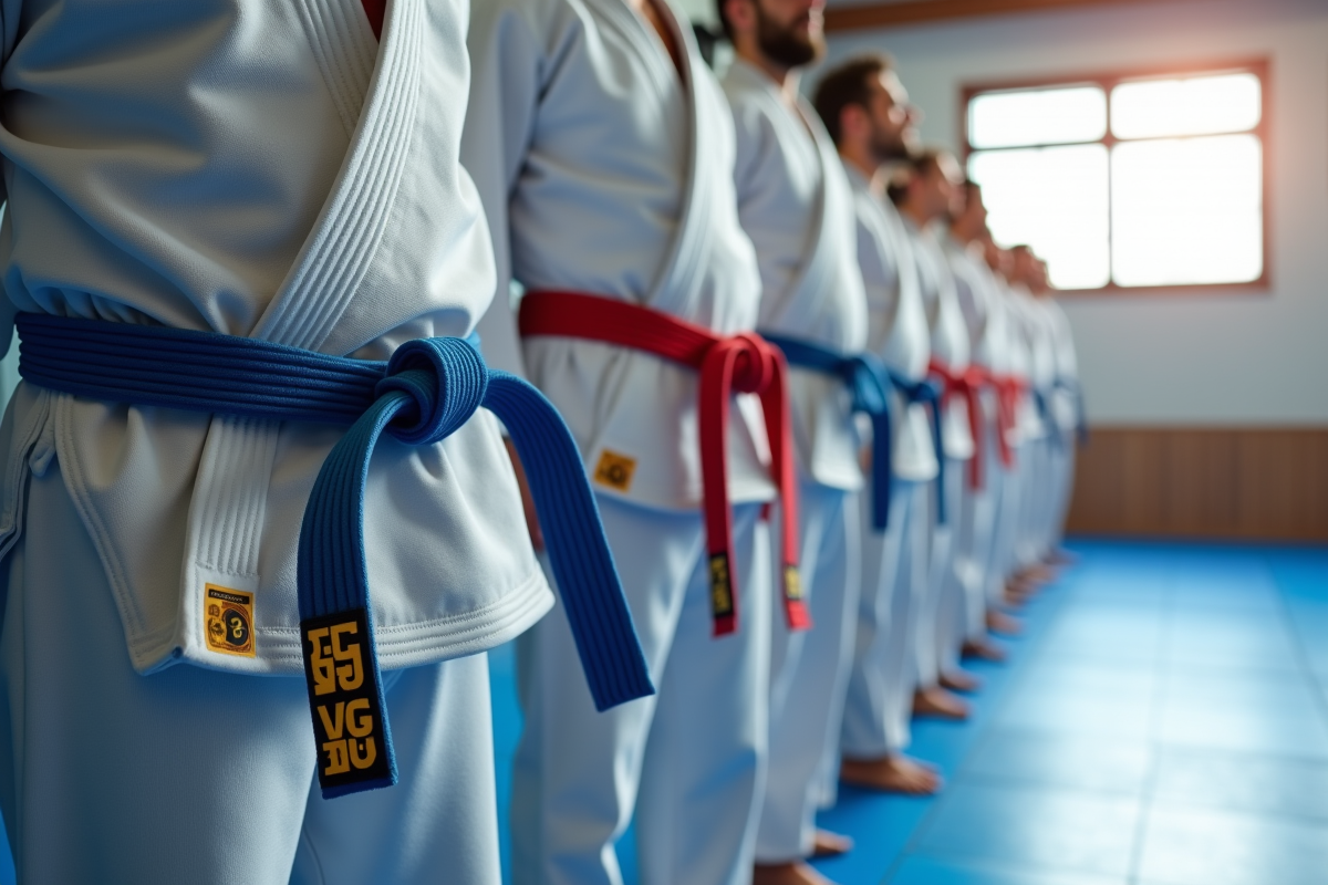 Pratiquants de Brazilian jiujitsu en dojo lumineux avec ceintures colorées