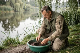 Pêcheur préparant un amorce pour la pêche au coup au bord d'une rivière calme