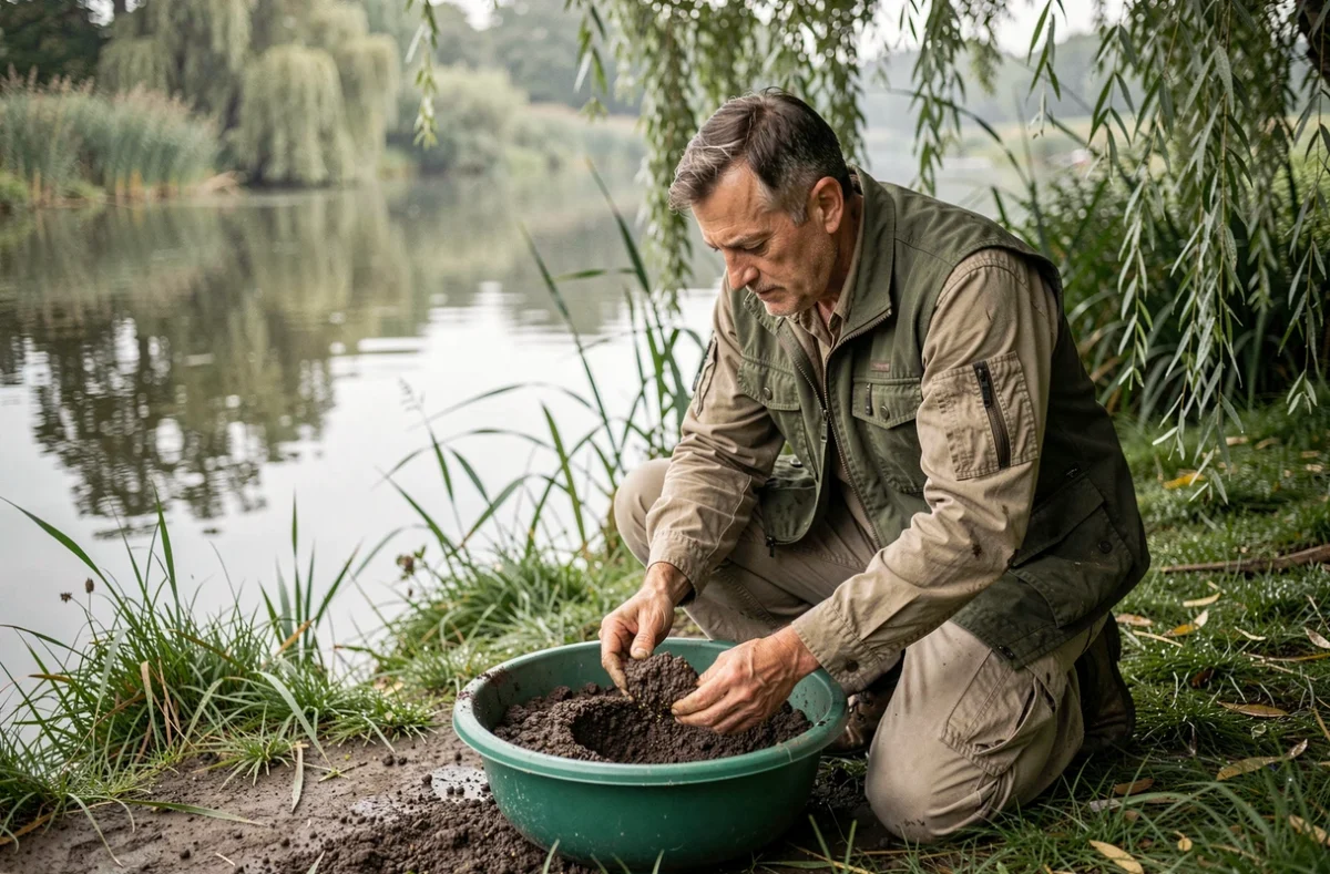 Pêcheur préparant un amorce pour la pêche au coup au bord d'une rivière calme