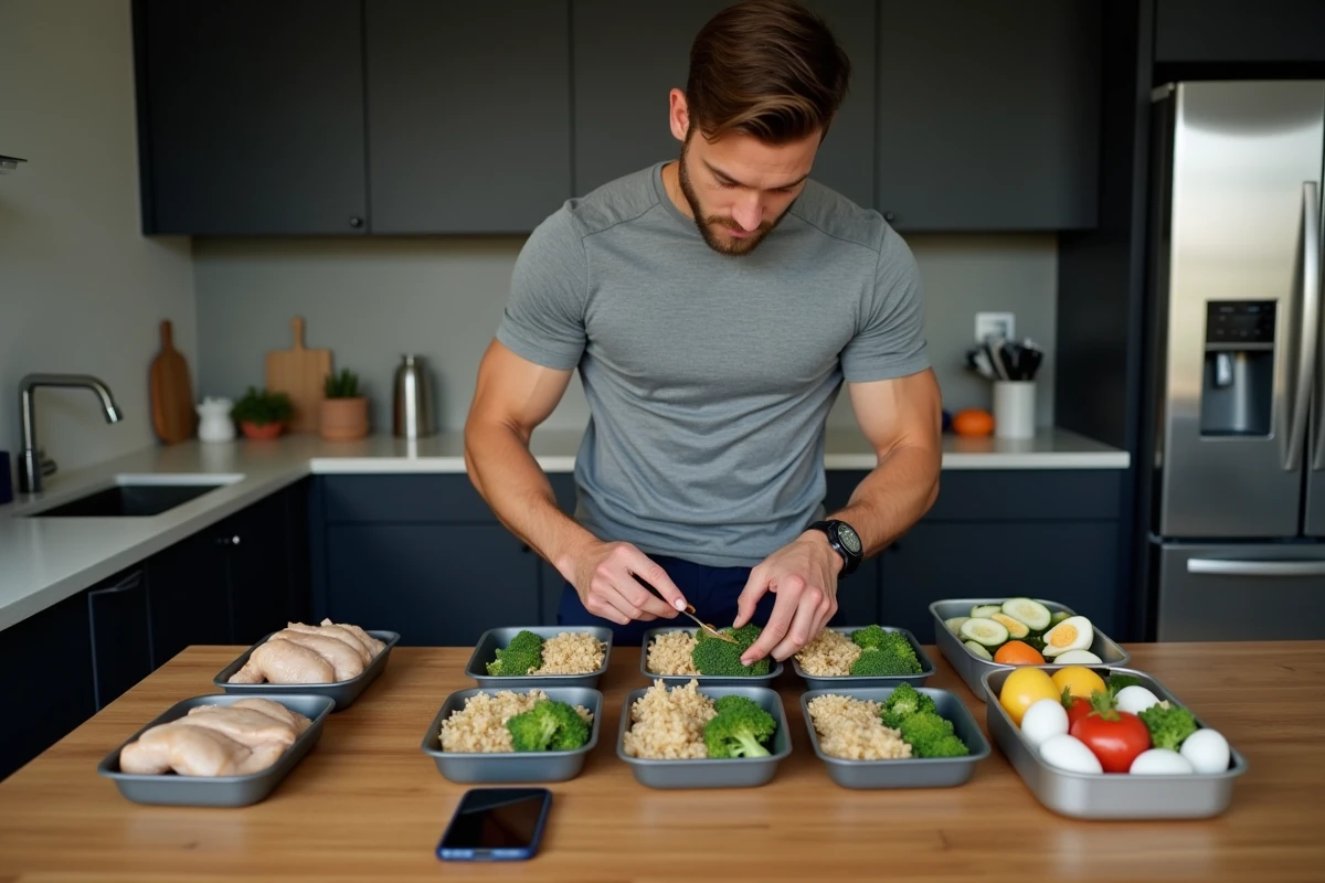 Athlète MMA préparant des repas équilibrés pour une prise de masse contrôlée, contenants de repas préparés sur plan de travail en bois avec application de suivi nutritionnel
