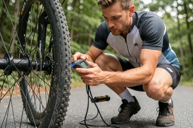 Cycliste VTT vérifiant la pression des pneus avec un manomètre numérique sur une route asphaltée au bord d'une forêt