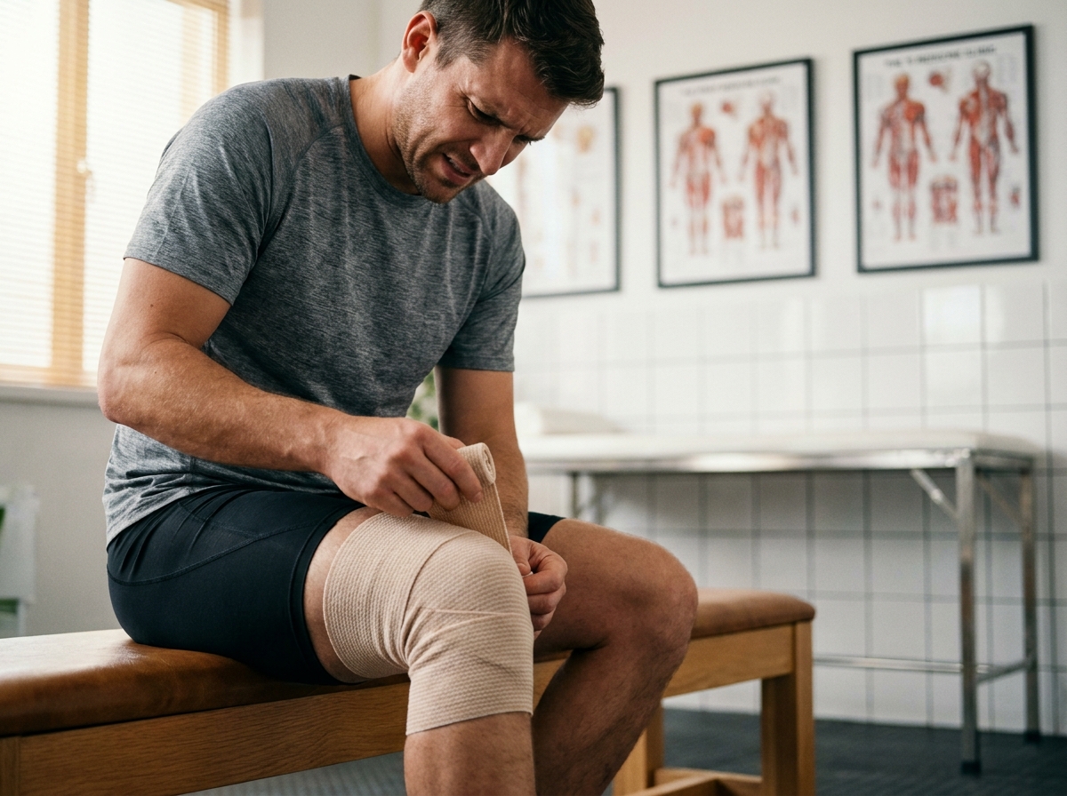 Athlète masculin enroulant un bandage de soutien autour du genou dans une salle de sport médicale pour prévenir les blessures sportives